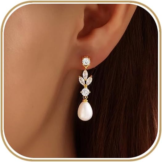 Pearl Earrings for Women, 14k Gold Plated Trendy Diamond Pearl Drop Earrings Bridal Shower Gifts Wedding jewelry for Women