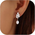 Pearl Earrings for Women, 14k Gold Plated Trendy Diamond Pearl Drop Earrings Bridal Shower Gifts Wedding jewelry for Women