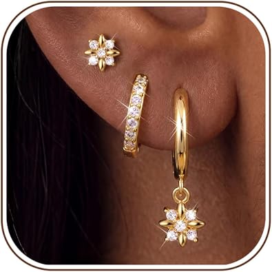 Hypoallergenic Hoop Earrings for Women-3 Pairs Huggie & Stud Earrings set for Sensitive Ears, Dainty Flower Earring Stacks for Multiple Piercing Non Tarnish Small Dangle Earring Set