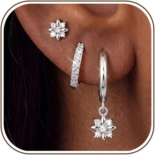 Hypoallergenic Hoop Earrings for Women-3 Pairs Huggie & Stud Earrings set for Sensitive Ears, Dainty Flower Earring Stacks for Multiple Piercing Non Tarnish Small Dangle Earring Set