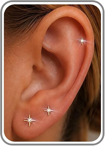 6PCS Flat Back Earrings for Women-Hypoallergenic 14K Gold/Silver Plated Cartilage Helix  Flatback Studs Jewelry Gifts